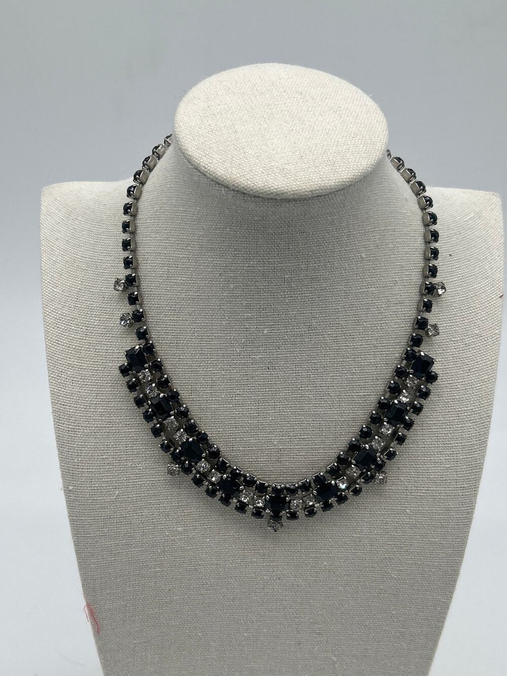 La-Rel Vintage Black Clear Rhinestone Statement Necklace Silver Tone Crystal Bib